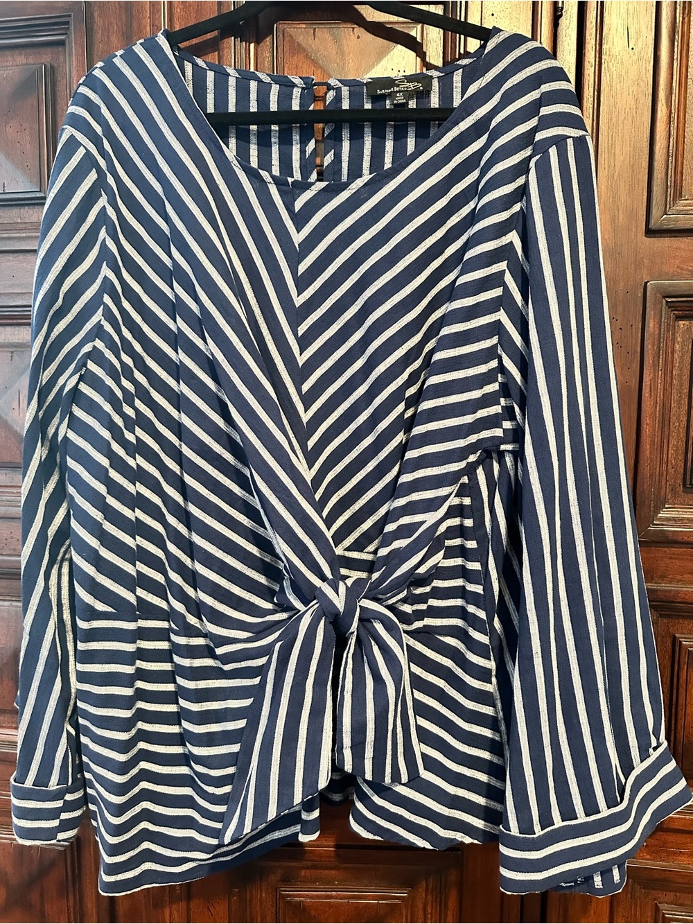 Suzanne Betro Navy & White Striped Tie-Front Tunic